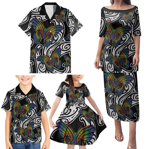 Aotearoa Takatapui Pride Family Matching Puletasi and Hawaiian Shirt Rainbow Butterfly - Free To Love