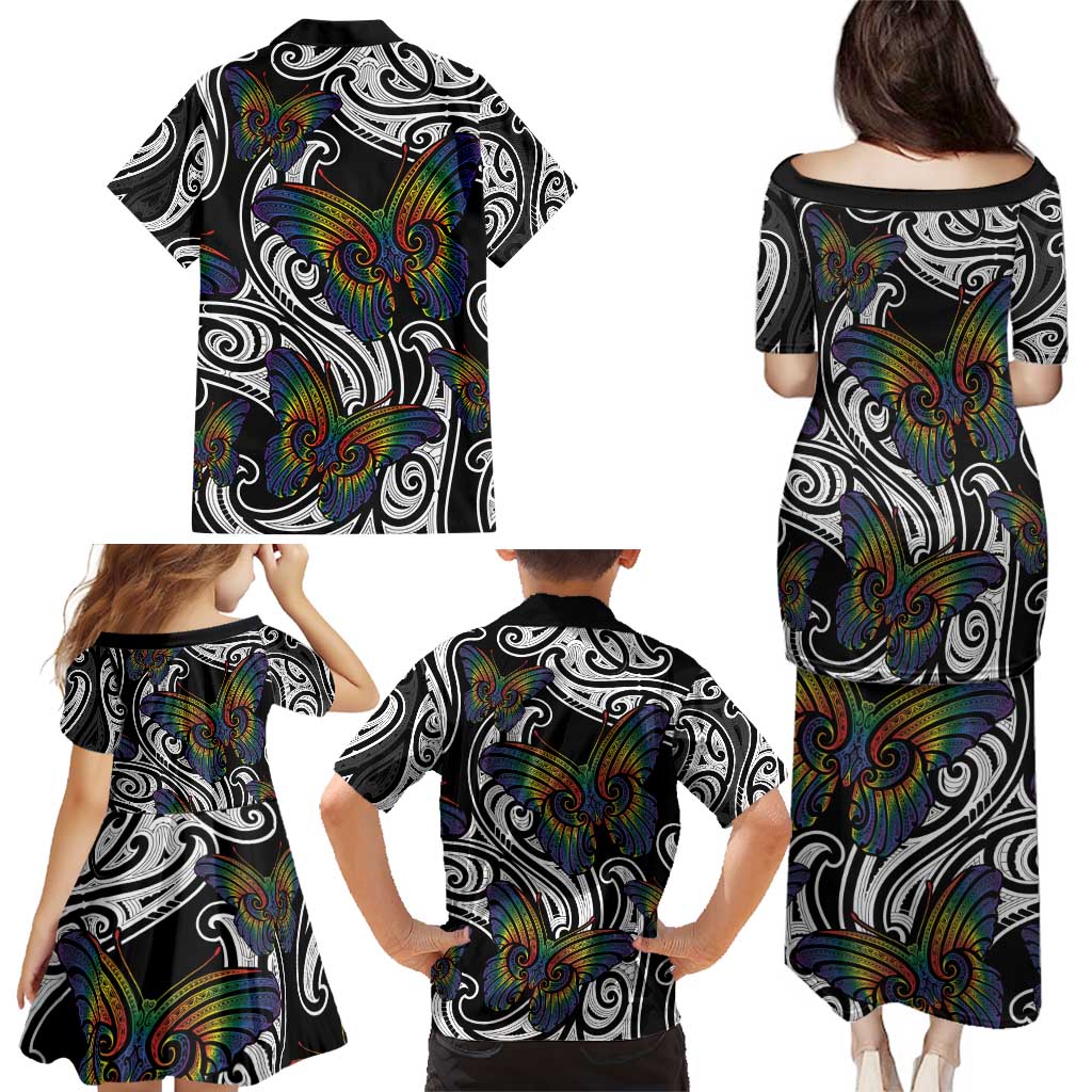 Aotearoa Takatapui Pride Family Matching Puletasi and Hawaiian Shirt Rainbow Butterfly - Free To Love