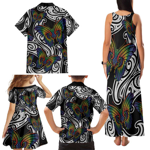 Aotearoa Takatapui Pride Family Matching Tank Maxi Dress and Hawaiian Shirt Rainbow Butterfly - Free To Love