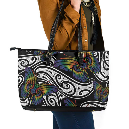 Aotearoa Takatapui Pride Leather Tote Bag Rainbow Butterfly - Free To Love