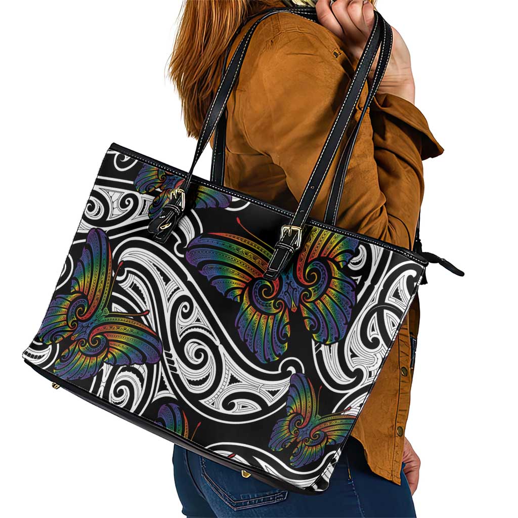 Aotearoa Takatapui Pride Leather Tote Bag Rainbow Butterfly - Free To Love