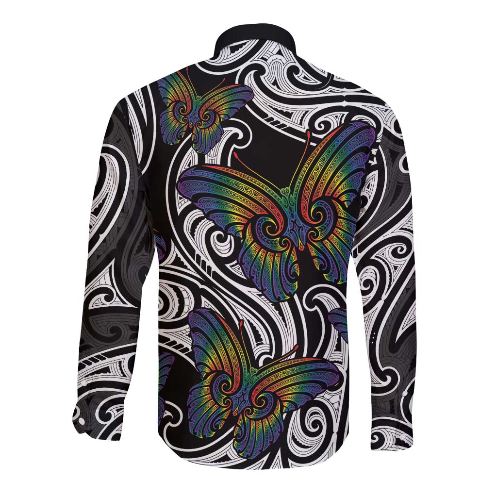 Aotearoa Takatapui Pride Long Sleeve Button Shirt Rainbow Butterfly - Free To Love