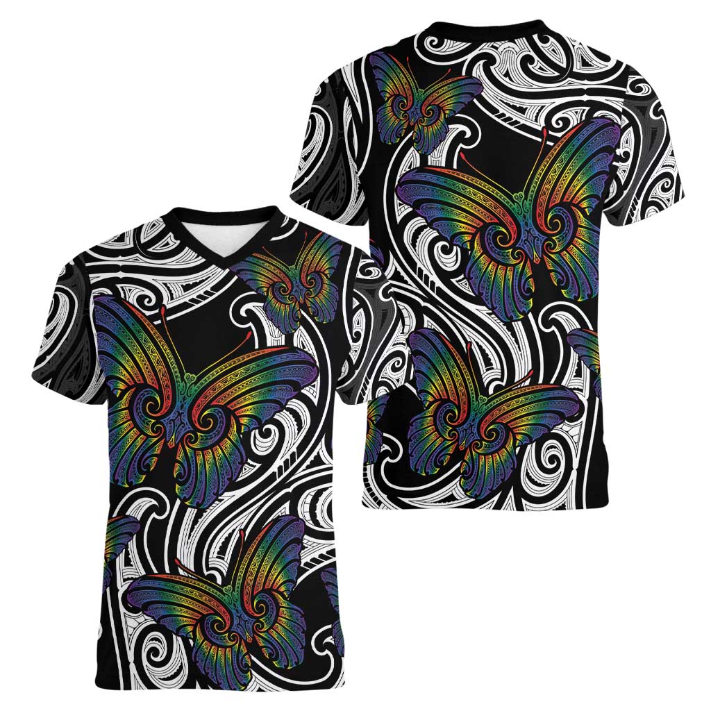 Aotearoa Takatapui Pride Women V-Neck T-Shirt Rainbow Butterfly - Free To Love