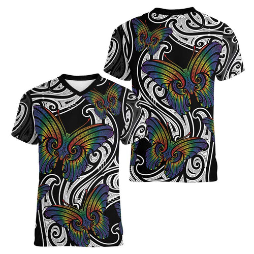 Aotearoa Takatapui Pride Women V-Neck T-Shirt Rainbow Butterfly - Free To Love