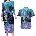Australia Indigenous Teal Purple Contemporary Aboriginal Art Couples Matching Long Sleeve Bodycon Dress and Hawaiian Shirt Hope Is Real