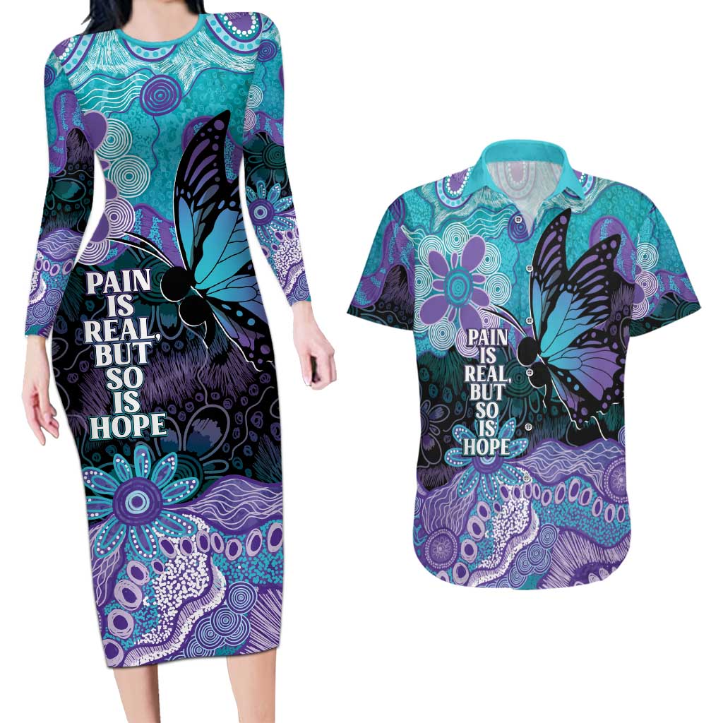 Australia Indigenous Teal Purple Contemporary Aboriginal Art Couples Matching Long Sleeve Bodycon Dress and Hawaiian Shirt Hope Is Real