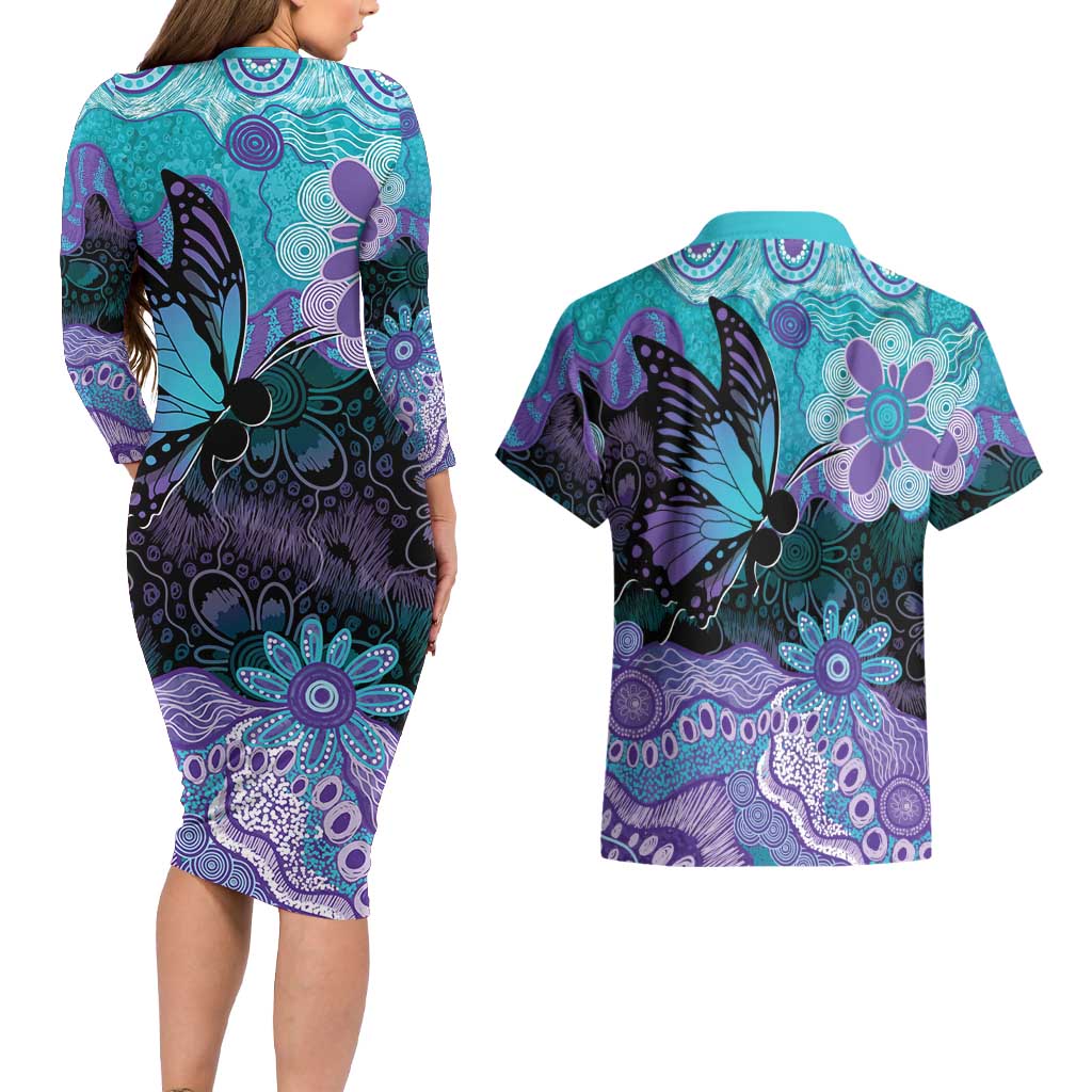 Australia Indigenous Teal Purple Contemporary Aboriginal Art Couples Matching Long Sleeve Bodycon Dress and Hawaiian Shirt Hope Is Real
