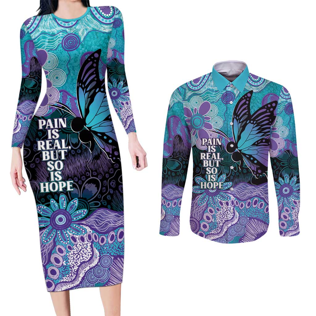 Australia Indigenous Teal Purple Contemporary Aboriginal Art Couples Matching Long Sleeve Bodycon Dress and Long Sleeve Button Shirt Hope Is Real