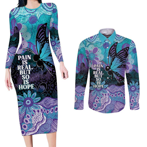 Australia Indigenous Teal Purple Contemporary Aboriginal Art Couples Matching Long Sleeve Bodycon Dress and Long Sleeve Button Shirt Hope Is Real