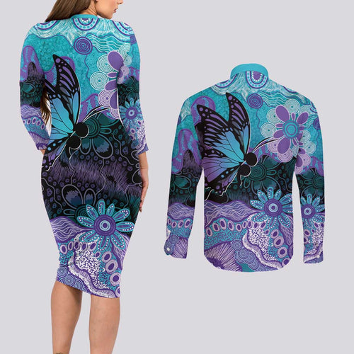 Australia Indigenous Teal Purple Contemporary Aboriginal Art Couples Matching Long Sleeve Bodycon Dress and Long Sleeve Button Shirt Hope Is Real