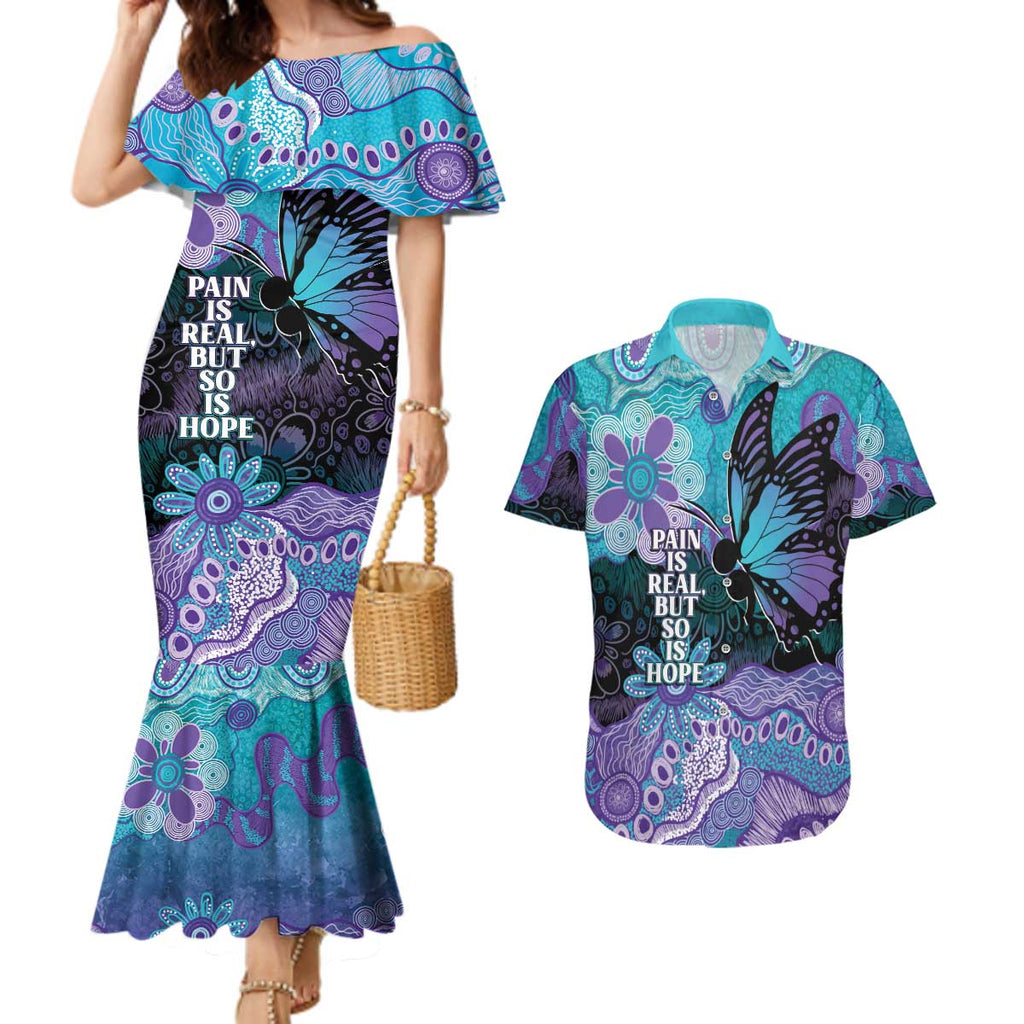Australia Indigenous Teal Purple Contemporary Aboriginal Art Couples Matching Mermaid Dress and Hawaiian Shirt Hope Is Real