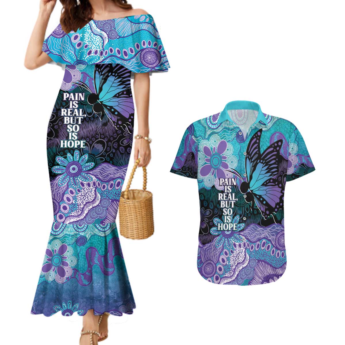 Australia Indigenous Teal Purple Contemporary Aboriginal Art Couples Matching Mermaid Dress and Hawaiian Shirt Hope Is Real
