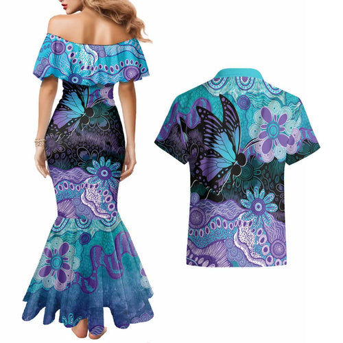 Australia Indigenous Teal Purple Contemporary Aboriginal Art Couples Matching Mermaid Dress and Hawaiian Shirt Hope Is Real