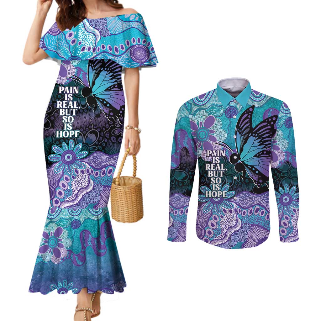 Australia Indigenous Teal Purple Contemporary Aboriginal Art Couples Matching Mermaid Dress and Long Sleeve Button Shirt Hope Is Real