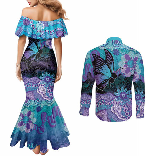 Australia Indigenous Teal Purple Contemporary Aboriginal Art Couples Matching Mermaid Dress and Long Sleeve Button Shirt Hope Is Real