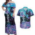 Australia Indigenous Teal Purple Contemporary Aboriginal Art Couples Matching Off Shoulder Maxi Dress and Hawaiian Shirt Hope Is Real