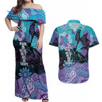 Australia Indigenous Teal Purple Contemporary Aboriginal Art Couples Matching Off Shoulder Maxi Dress and Hawaiian Shirt Hope Is Real