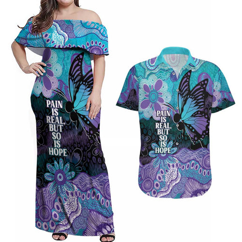 Australia Indigenous Teal Purple Contemporary Aboriginal Art Couples Matching Off Shoulder Maxi Dress and Hawaiian Shirt Hope Is Real