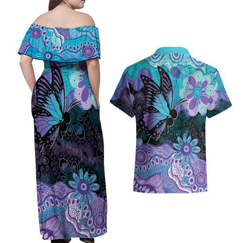 Australia Indigenous Teal Purple Contemporary Aboriginal Art Couples Matching Off Shoulder Maxi Dress and Hawaiian Shirt Hope Is Real