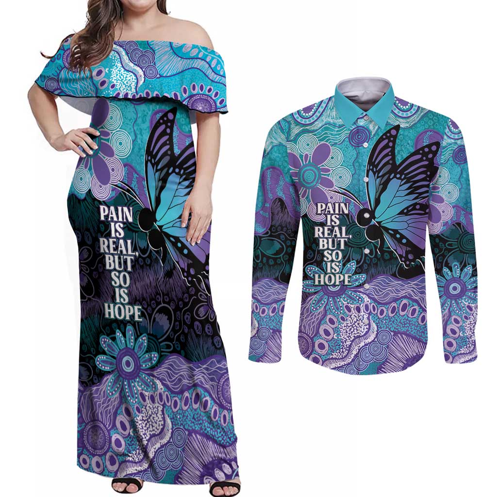 Australia Indigenous Teal Purple Contemporary Aboriginal Art Couples Matching Off Shoulder Maxi Dress and Long Sleeve Button Shirt Hope Is Real