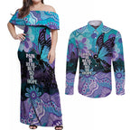 Australia Indigenous Teal Purple Contemporary Aboriginal Art Couples Matching Off Shoulder Maxi Dress and Long Sleeve Button Shirt Hope Is Real