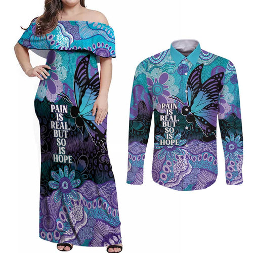 Australia Indigenous Teal Purple Contemporary Aboriginal Art Couples Matching Off Shoulder Maxi Dress and Long Sleeve Button Shirt Hope Is Real