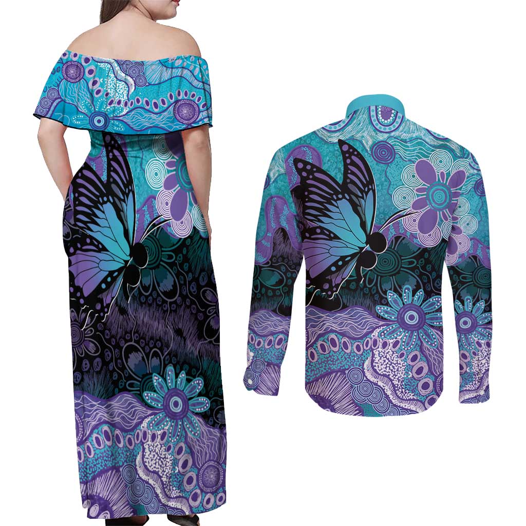 Australia Indigenous Teal Purple Contemporary Aboriginal Art Couples Matching Off Shoulder Maxi Dress and Long Sleeve Button Shirt Hope Is Real