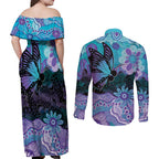 Australia Indigenous Teal Purple Contemporary Aboriginal Art Couples Matching Off Shoulder Maxi Dress and Long Sleeve Button Shirt Hope Is Real