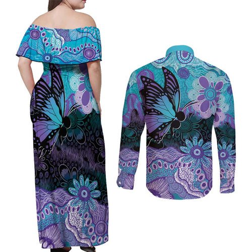 Australia Indigenous Teal Purple Contemporary Aboriginal Art Couples Matching Off Shoulder Maxi Dress and Long Sleeve Button Shirt Hope Is Real