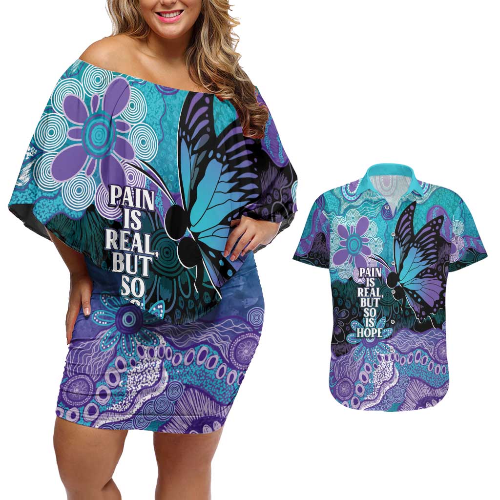Australia Indigenous Teal Purple Contemporary Aboriginal Art Couples Matching Off Shoulder Short Dress and Hawaiian Shirt Hope Is Real