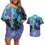 Australia Indigenous Teal Purple Contemporary Aboriginal Art Couples Matching Off Shoulder Short Dress and Hawaiian Shirt Hope Is Real