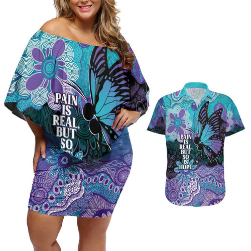 Australia Indigenous Teal Purple Contemporary Aboriginal Art Couples Matching Off Shoulder Short Dress and Hawaiian Shirt Hope Is Real