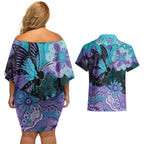 Australia Indigenous Teal Purple Contemporary Aboriginal Art Couples Matching Off Shoulder Short Dress and Hawaiian Shirt Hope Is Real