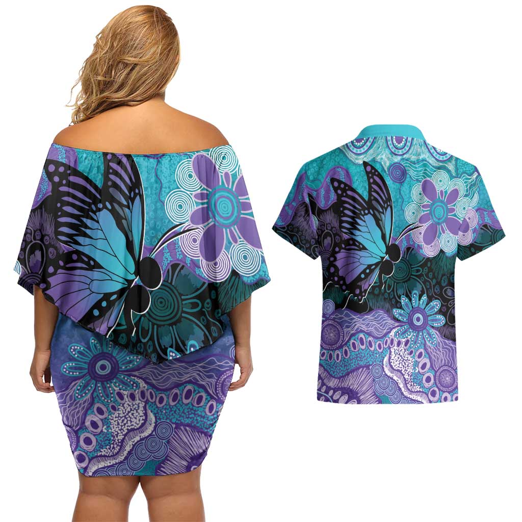 Australia Indigenous Teal Purple Contemporary Aboriginal Art Couples Matching Off Shoulder Short Dress and Hawaiian Shirt Hope Is Real