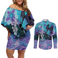 Australia Indigenous Teal Purple Contemporary Aboriginal Art Couples Matching Off Shoulder Short Dress and Long Sleeve Button Shirt Hope Is Real