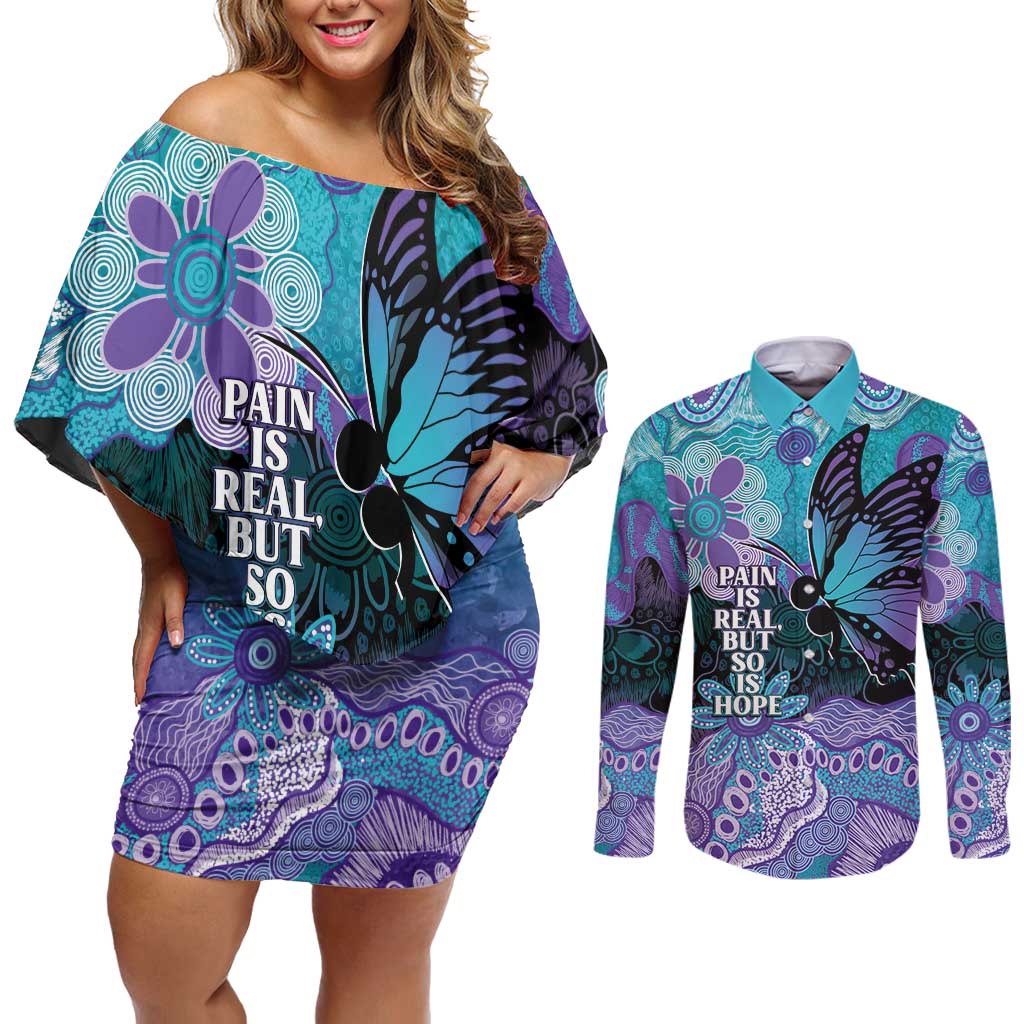 Australia Indigenous Teal Purple Contemporary Aboriginal Art Couples Matching Off Shoulder Short Dress and Long Sleeve Button Shirt Hope Is Real