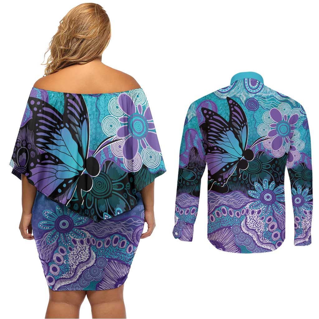 Australia Indigenous Teal Purple Contemporary Aboriginal Art Couples Matching Off Shoulder Short Dress and Long Sleeve Button Shirt Hope Is Real