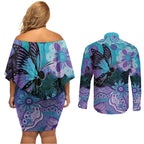 Australia Indigenous Teal Purple Contemporary Aboriginal Art Couples Matching Off Shoulder Short Dress and Long Sleeve Button Shirt Hope Is Real