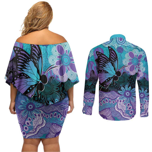 Australia Indigenous Teal Purple Contemporary Aboriginal Art Couples Matching Off Shoulder Short Dress and Long Sleeve Button Shirt Hope Is Real