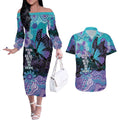 Australia Indigenous Teal Purple Contemporary Aboriginal Art Couples Matching Off The Shoulder Long Sleeve Dress and Hawaiian Shirt Hope Is Real