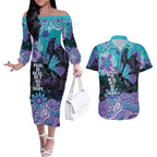 Australia Indigenous Teal Purple Contemporary Aboriginal Art Couples Matching Off The Shoulder Long Sleeve Dress and Hawaiian Shirt Hope Is Real
