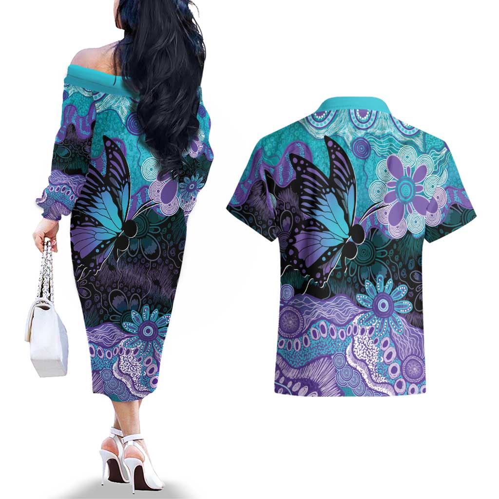 Australia Indigenous Teal Purple Contemporary Aboriginal Art Couples Matching Off The Shoulder Long Sleeve Dress and Hawaiian Shirt Hope Is Real