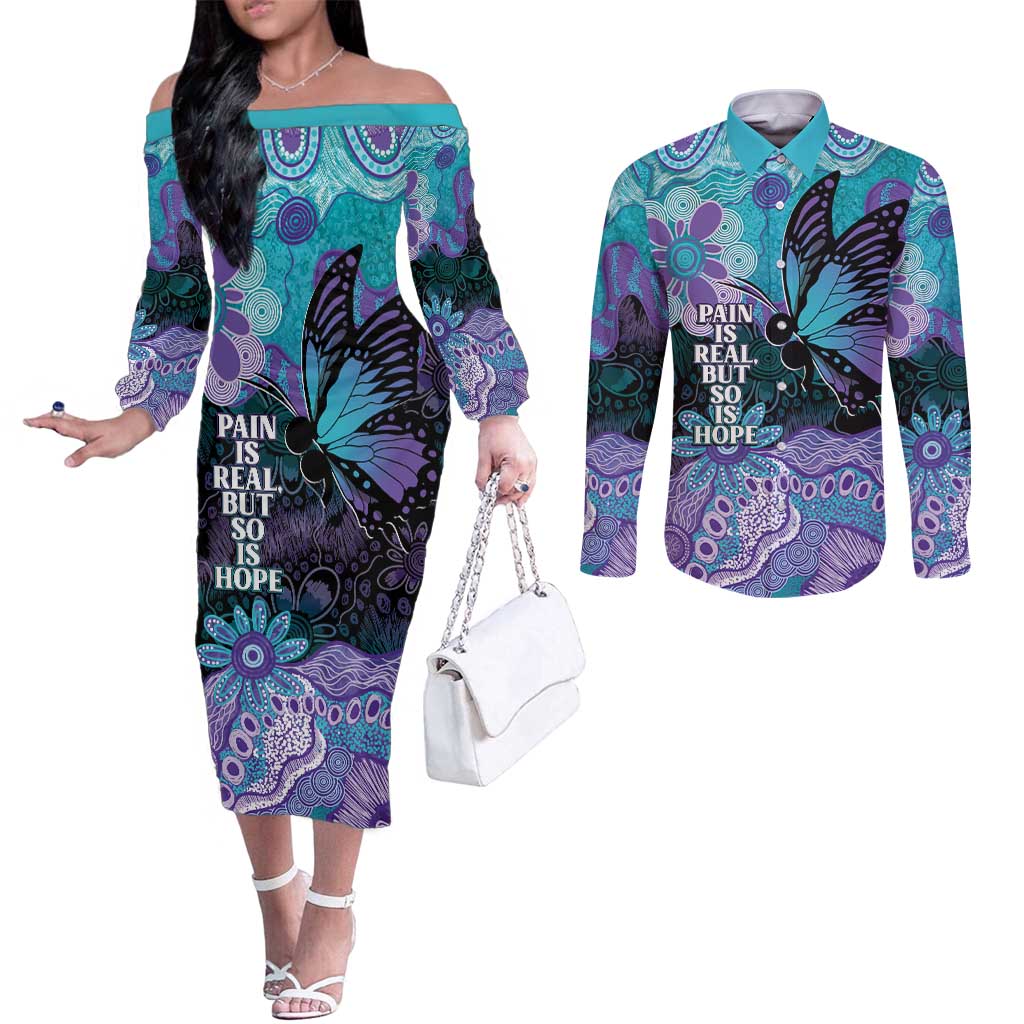 Australia Indigenous Teal Purple Contemporary Aboriginal Art Couples Matching Off The Shoulder Long Sleeve Dress and Long Sleeve Button Shirt Hope Is Real