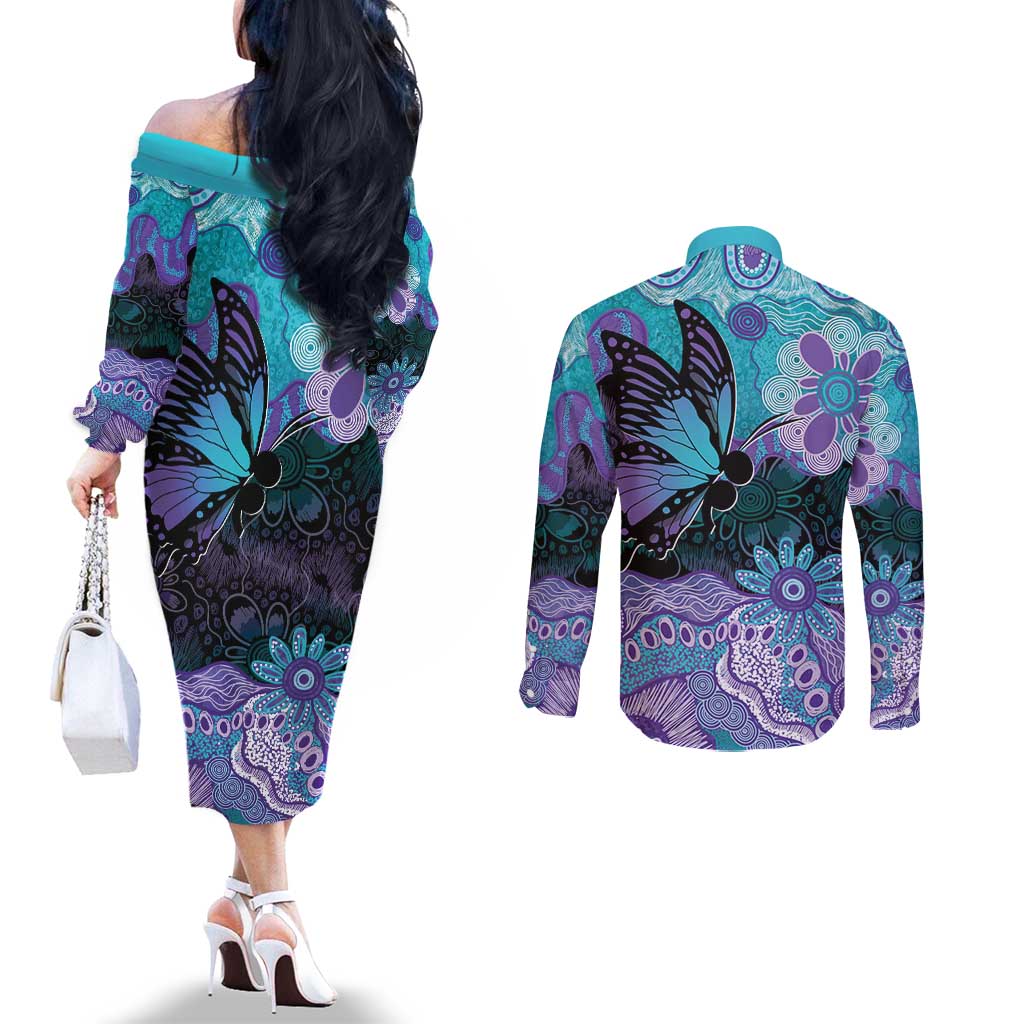 Australia Indigenous Teal Purple Contemporary Aboriginal Art Couples Matching Off The Shoulder Long Sleeve Dress and Long Sleeve Button Shirt Hope Is Real