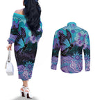 Australia Indigenous Teal Purple Contemporary Aboriginal Art Couples Matching Off The Shoulder Long Sleeve Dress and Long Sleeve Button Shirt Hope Is Real