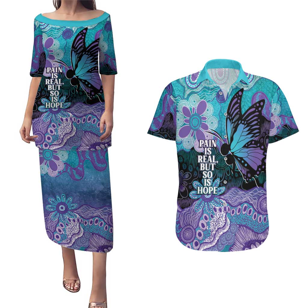 Australia Indigenous Teal Purple Contemporary Aboriginal Art Couples Matching Puletasi and Hawaiian Shirt Hope Is Real
