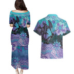 Australia Indigenous Teal Purple Contemporary Aboriginal Art Couples Matching Puletasi and Hawaiian Shirt Hope Is Real
