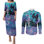 Australia Indigenous Teal Purple Contemporary Aboriginal Art Couples Matching Puletasi and Long Sleeve Button Shirt Hope Is Real