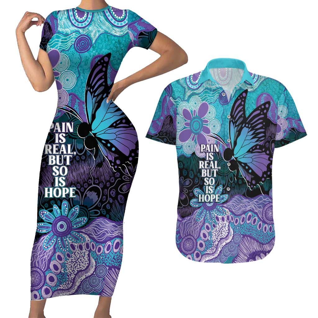 Australia Indigenous Teal Purple Contemporary Aboriginal Art Couples Matching Short Sleeve Bodycon Dress and Hawaiian Shirt Hope Is Real