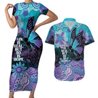Australia Indigenous Teal Purple Contemporary Aboriginal Art Couples Matching Short Sleeve Bodycon Dress and Hawaiian Shirt Hope Is Real